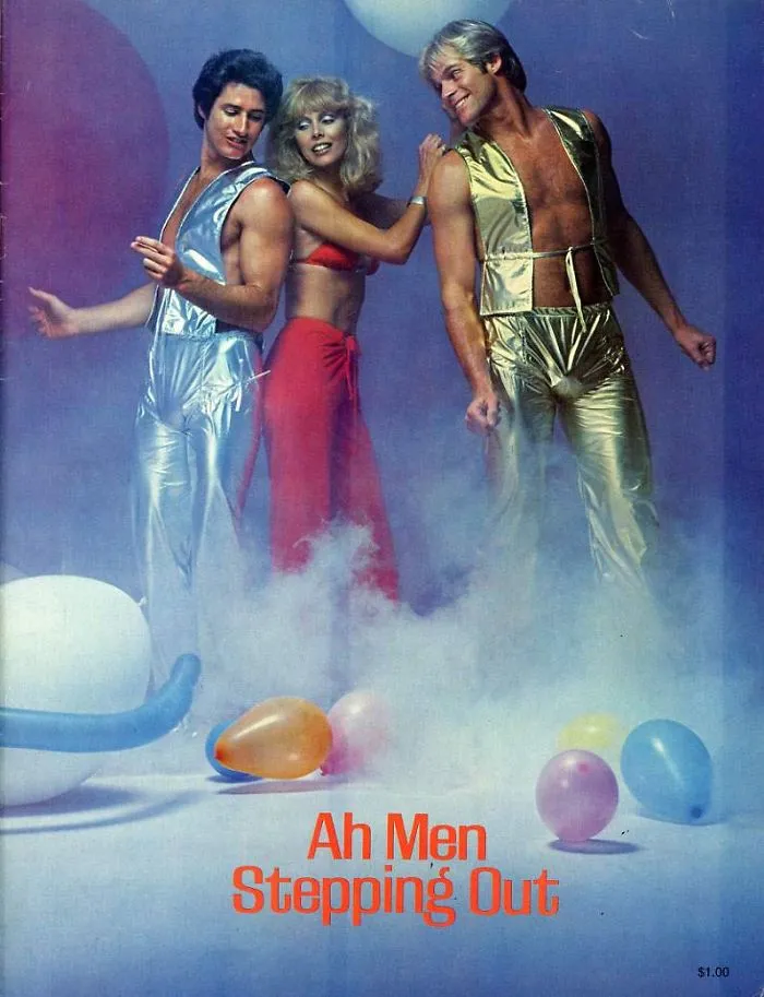 Three people in shiny 1970s men's fashion outfits with balloons and mist, titled "Ah Men Stepping Out."