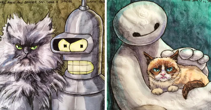 I Draw Famous Robots With Celebrity Cats On My Sons‘ Lunchbox Napkins