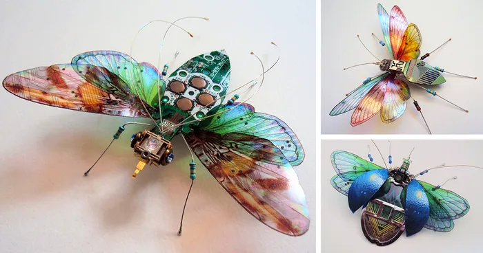 Winged Insects Made From Old Computer Circuit Boards And Electronics