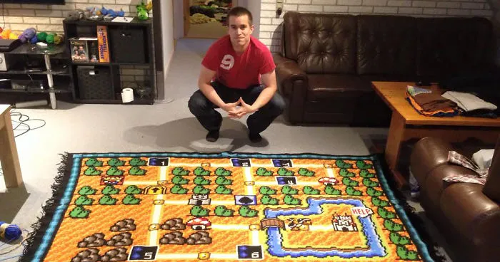 This Man Spent 6 Years Crocheting a Super Mario Bros Map Blanket