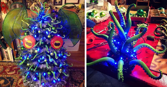 I Made A Tentacular-Covered Tree-Topper, Wings And Eyes For My Cthulhumas Tree
