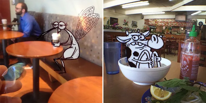 Artist Inserts Cartoons Into Real-World Situations By Doodling Them On Transparency Sheets