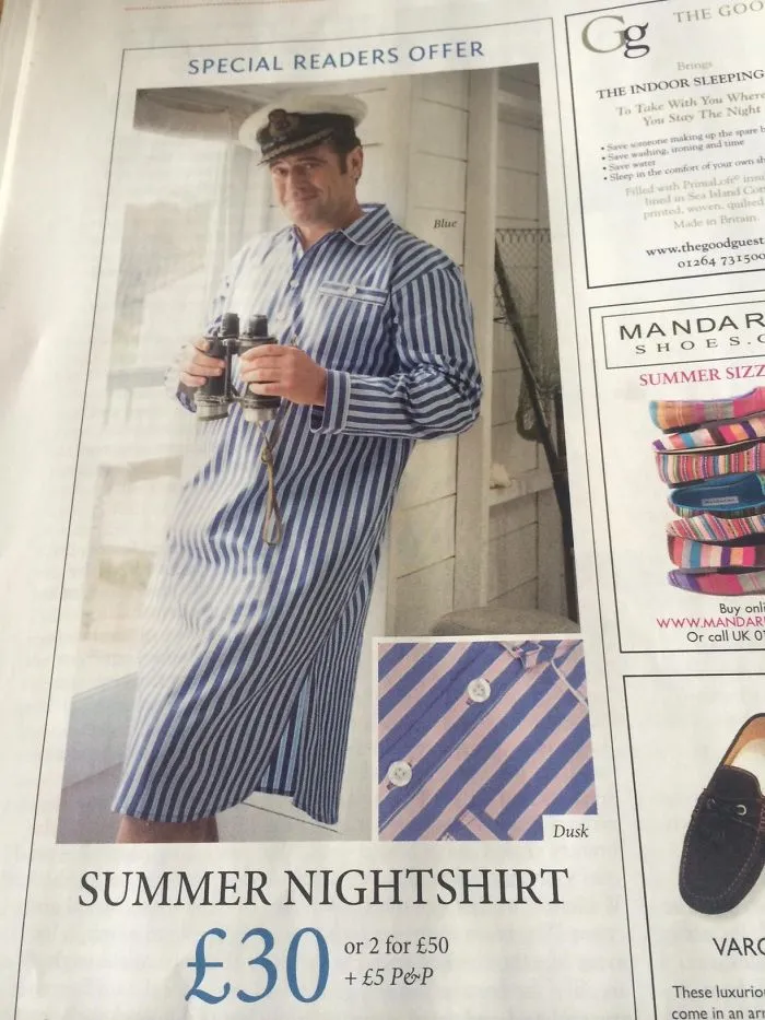 1970s men's fashion ad featuring a man in a striped summer nightshirt holding binoculars, priced at £30.