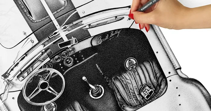 Pen And Ink Pointillist Drawing Of Shelby Cobra