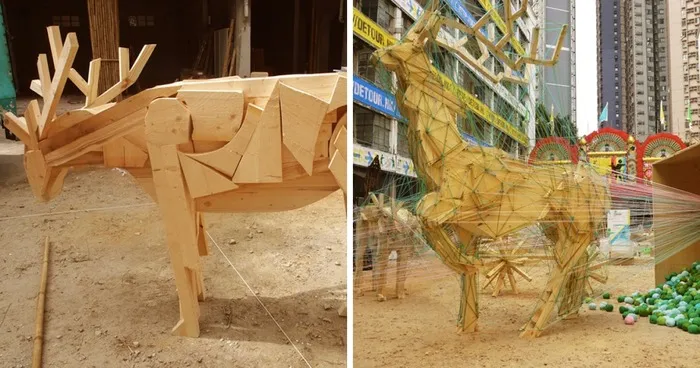 Weaving Forest: Visitors Use Yarn To Cover Recyclable Reindeer Installation