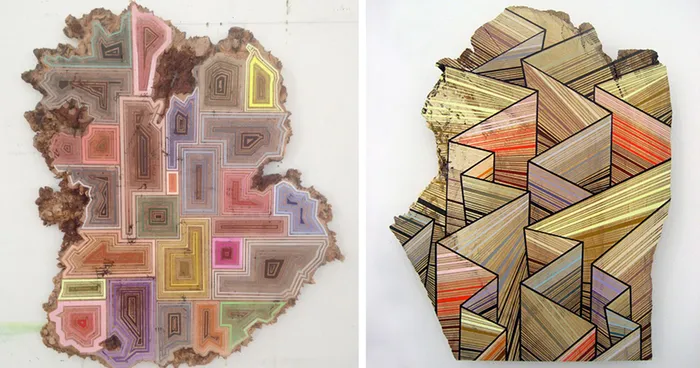 Artist Paints Geometric Art Along The Grain Of Discarded Tree Slices