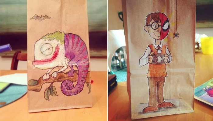 Dad Drew Cool Cartoon Characters On His Son's Lunch Bags Every Day For The Last 2 Years