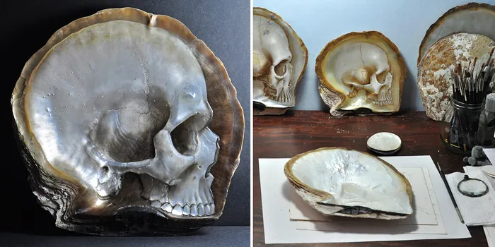 Delicate Skulls Carved Into Mother Of Pearl Shells By Gregory Halili