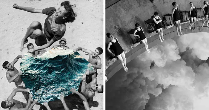 Collages Of Vintage Photos Blended With Natural Elements To Make Them More Joyful