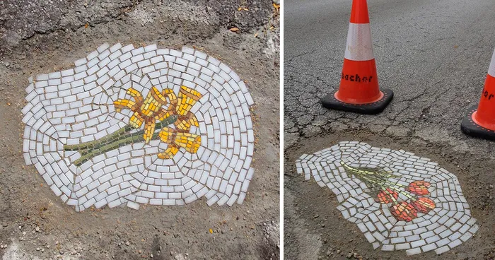 Guerrilla Artist Fills Chicago Potholes With Flower Mosaics