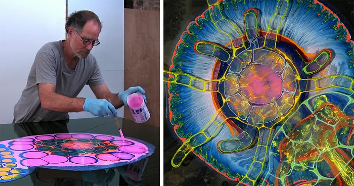 Artist Creates Psychedelic Art By Pouring Paint And Resin Onto A Canvas