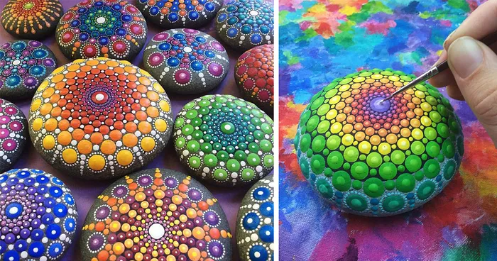 Artist Paints Ocean Stones With Thousands Of Tiny Dots To Create Colorful Mandalas