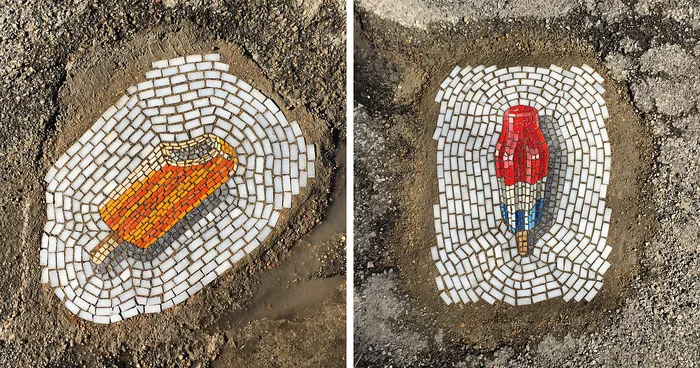 Chicago Doesn't Fix Its Potholes, So This Artist Fixes Them With Ice Cream Mosaics