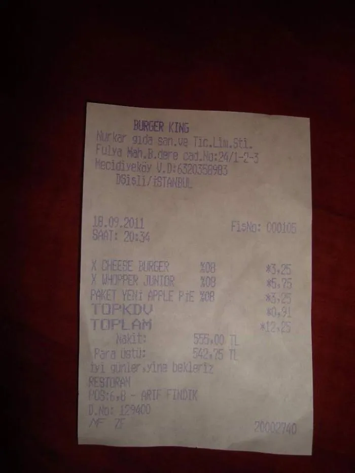 Mcdonalds Receipt - Total:12,25 Cash:555 Change:542,75