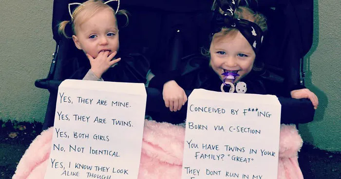 Mom Adds FAQ Signs To Her Twins After Getting Fed Up With Strangers' Questions