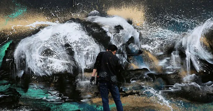 Powerful Panda Street Art Painted In The Splatter Ink Technique
