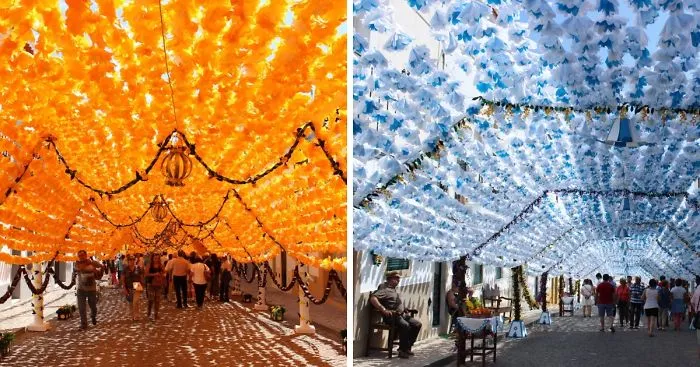 1000s Of Handmade Paper Flowers Cover The Streets Of Alentejo, Portugal