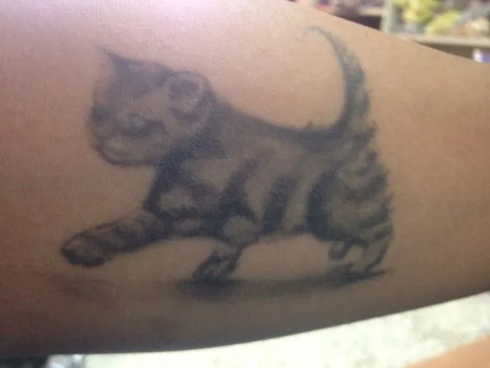 Simple cat line art tattoo on forearm, ideal for cat lovers.