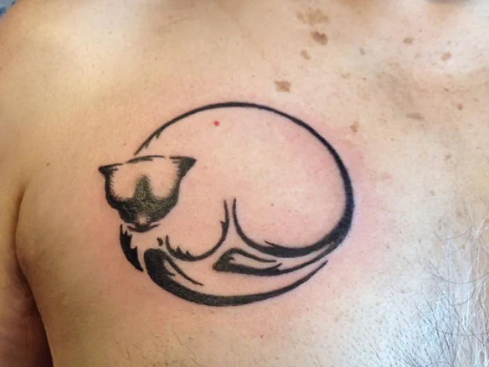 Line art tattoo of a curled-up cat on skin, showcasing a simple design for cat lovers.