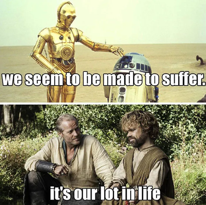 "Game of Thrones meme featuring Tyrion and Jorah in a humorous Star Wars comparison."