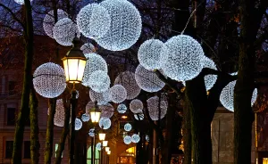 Winter Light Ornaments Float Above The Munich Promenadeplatz In Germany