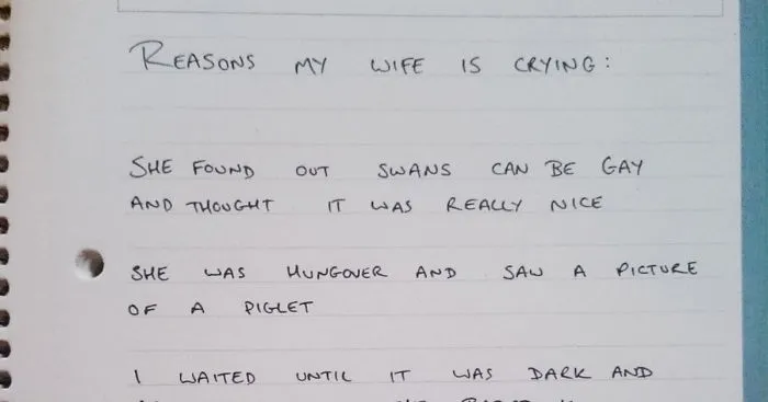 This Man's Wife Cries About Absolutely Anything So He Started Writing The Reasons Down