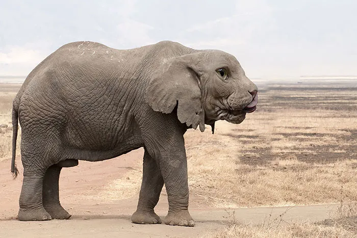 Strange animal hybrid: elephant with a cat's face in a desert landscape, showcasing Photoshop creativity.