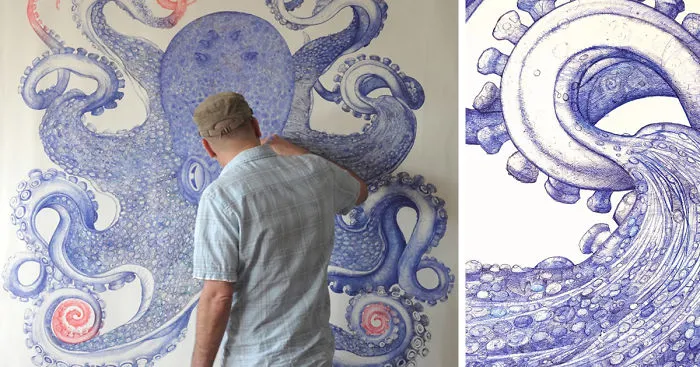 Artist Spends 1 Year Using Only Discarded Ballpoint Pens To Draw Giant Octopus