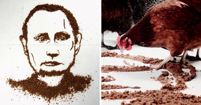 I Made A Putin's Portrait From Bread And Let Chickens Eat It