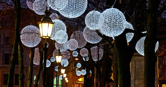 Winter Light Ornaments Float Above The Munich Promenadeplatz In Germany
