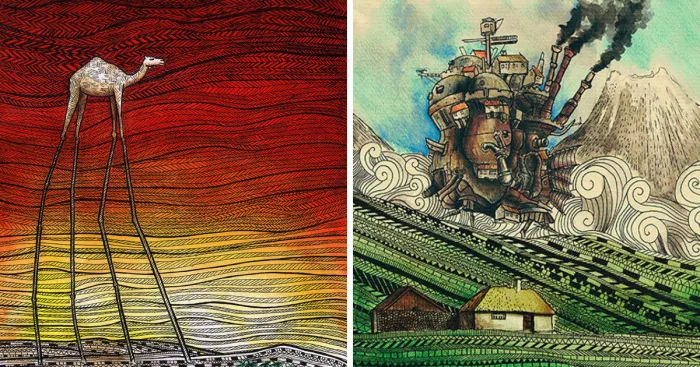 I Combine Watercolor Paintings With Linear Art Textures