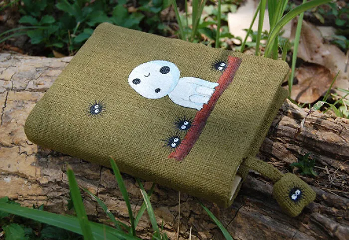 Notebook With Kodama From Princess Mononoke Hand Painted On Green Cotton