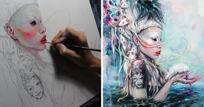 Realistic Acrylic Portrait Of Yolandi Visser And Her Albino Rats