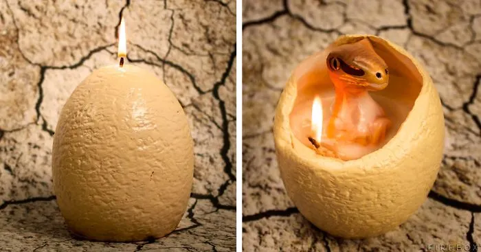 Dinosaur Egg Candle That "Hatches" A Baby Raptor When It Melts