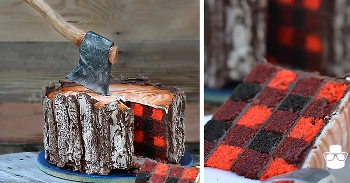 A Lumberjack Cake With An Edible Axe And  A Plaid Pattern Inside