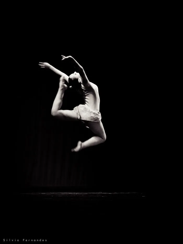 A ballet dancer gracefully leaps in mid-air on stage, showcasing elegance and strength in celebration of Ballet Day.