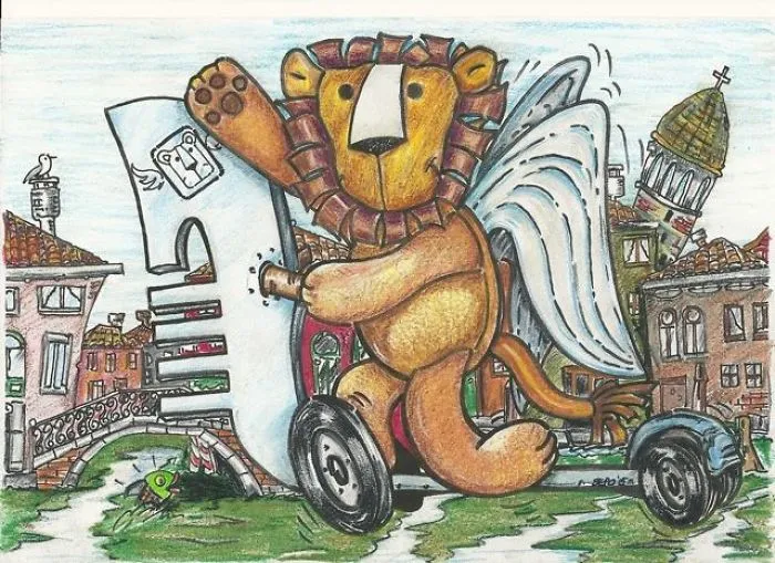 Four Friends And A Plushy Winged Lion In Venice