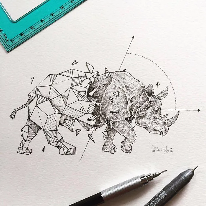 Intricate Drawings Of Wild Animals Fused With Geometric Shapes