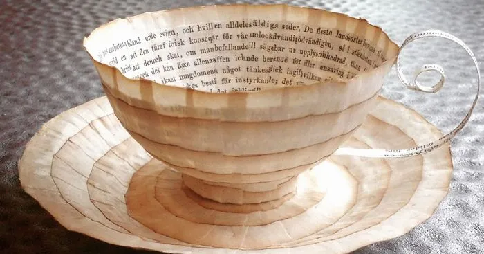 Old Books Repurposed Into Paper Cups And Saucers By Cecilia Levy