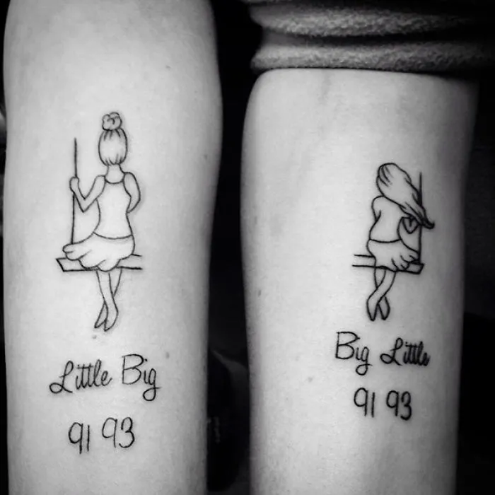 Sister tattoos featuring figures on swings labeled "Little Big" and "Big Little" with birth years 91 and 93.