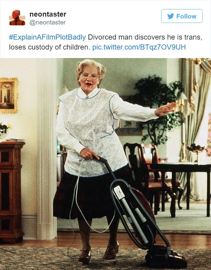 Tweet explaining Mrs. Doubtfire, Mrs. Doubtfire vacuuming 