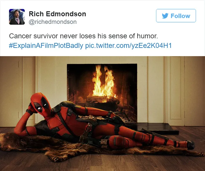 Tweet explaining Deadpool, Deadpoolnext to a fireplace