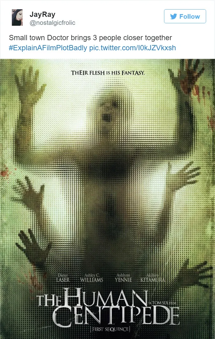 Tweet explaining The Human Centipede with movie poster 