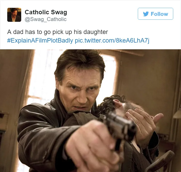 Tweet explaining Taken, Bryan holding a gun 