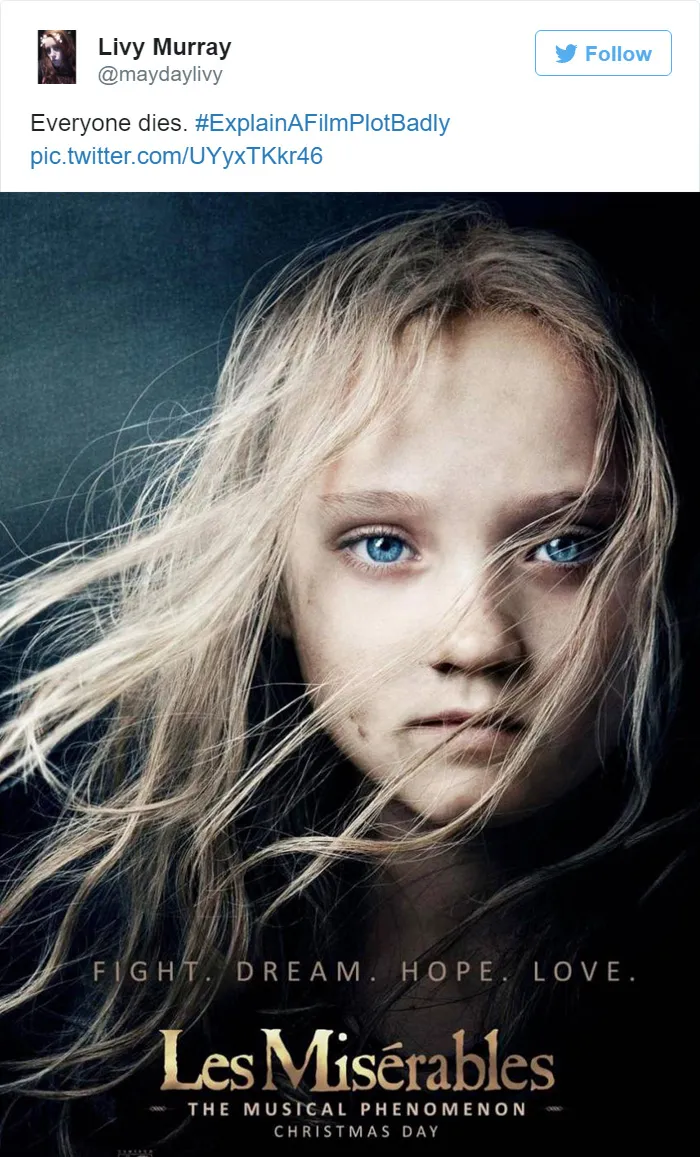 Tweet explaining Les Miserables with the movie poster 