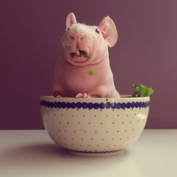 Naked Guinea Pig Poses With His Favorite Food