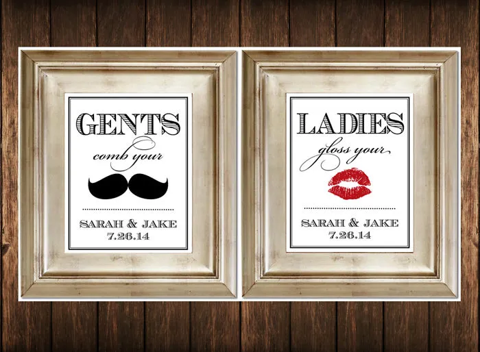 Funny bathroom signs with "Gents comb your" and "Ladies gloss your" in vintage frames.