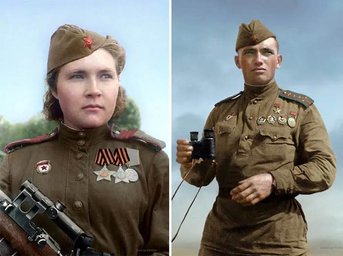 Soviet Sniper Lyubov Makarova (left), Hero Of The Soviet Union Dmitry Nazarenko (right)
