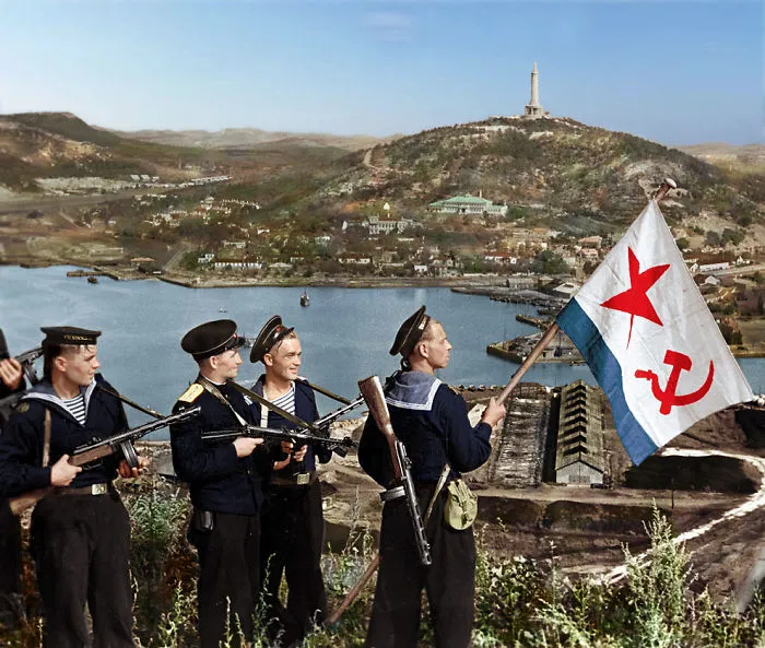 Soviet Sailors Raise The Ussr’s Naval Ensign Over Port-Artur, 1945
