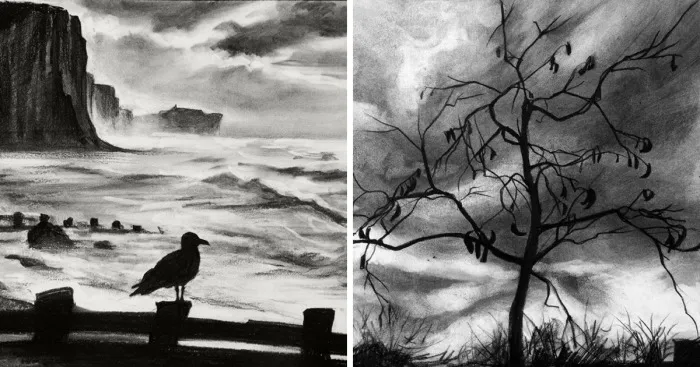 I Draw Charcoal Landscapes Inspired By Hitchcock's Black And White Movies